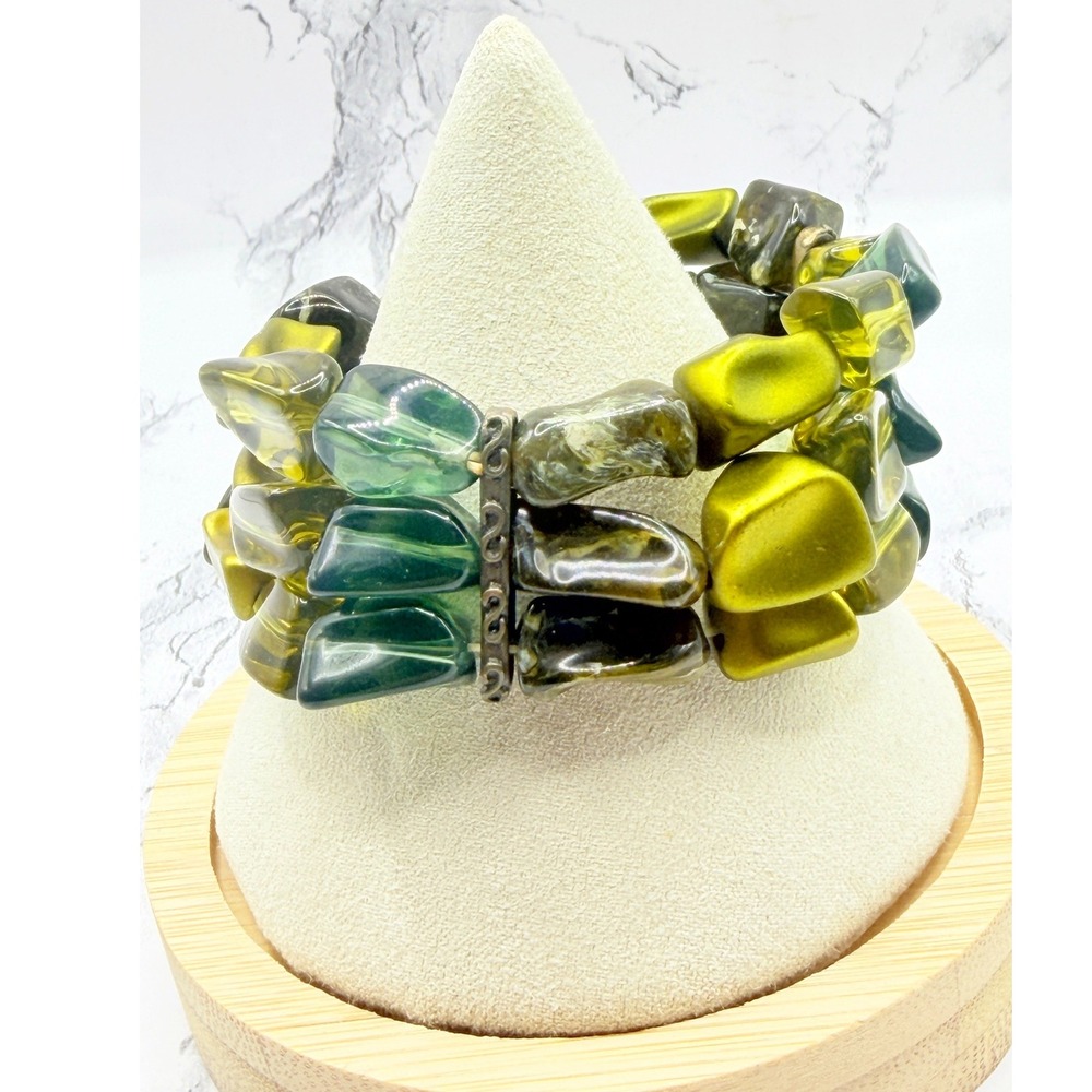 Green Amber Glass Bead Three Strand Statement Bracelet 7"